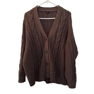 Quince 100% Organic Cotton Oversized Cable Cardigan Heather Brown Womens L